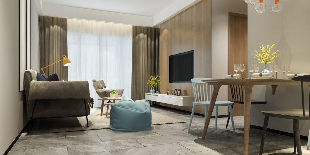 3d rendering loft luxury living room with shelf near dining table